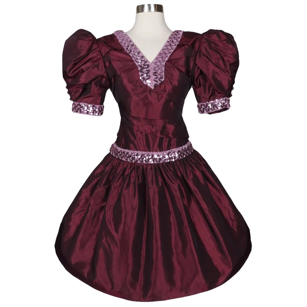 Vintage 80s Burgundy Taffeta Puff Sleeve Sequin Full Skirt Prom Party Dress XS